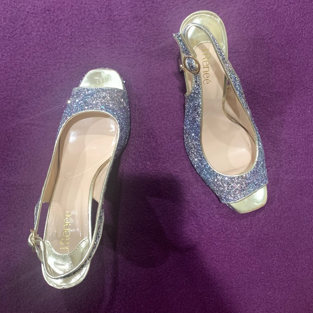 J.Reneé Glitter Fabric Heels! Blue/Gold Shimmery Heels! Size 10!